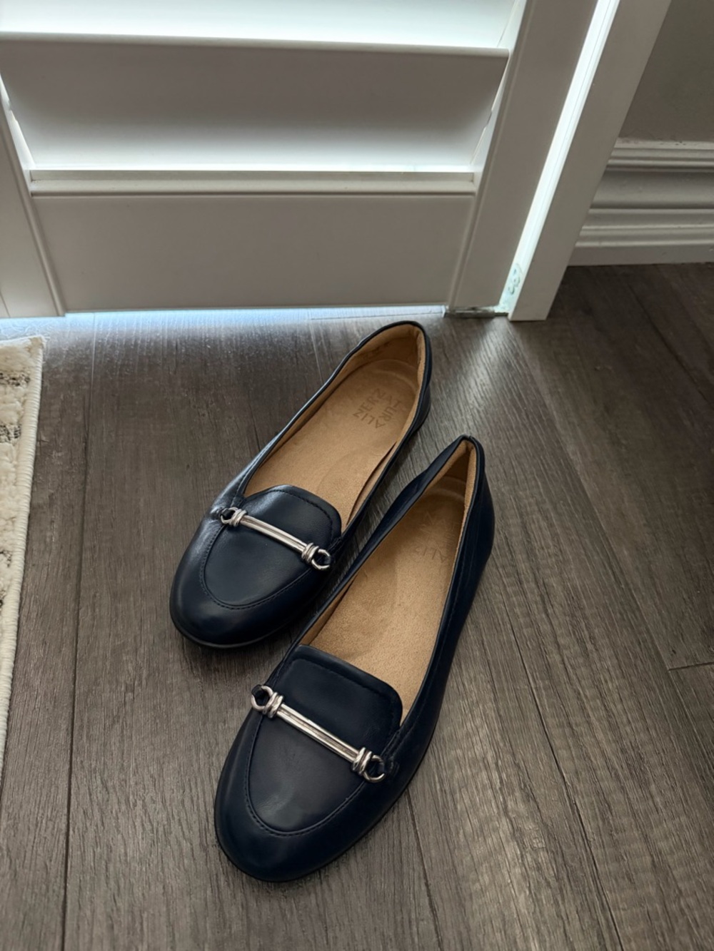 Naturalizer Navy Leather Loafers with Silver Bar
